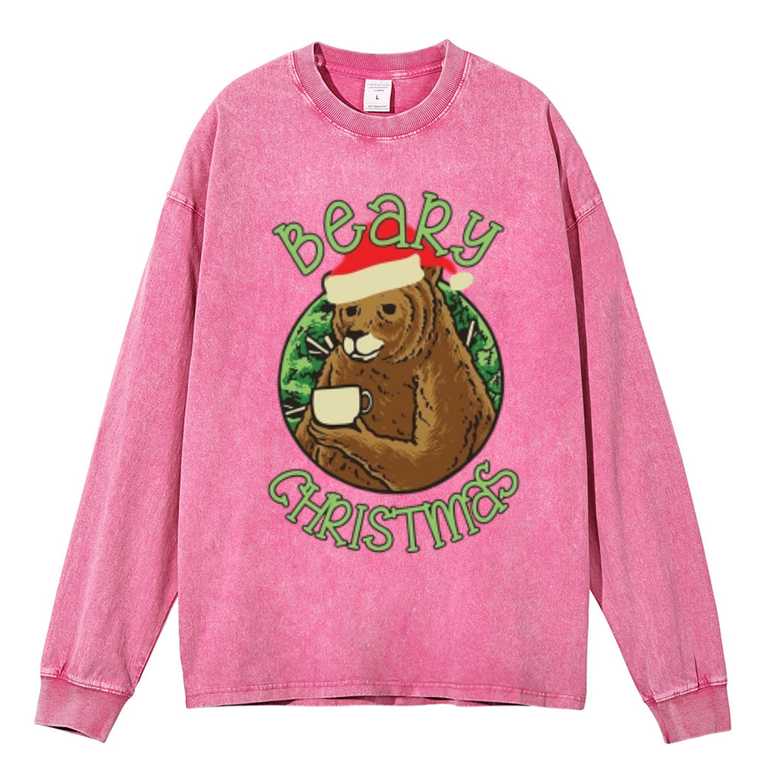 Muchic Beary Christmas Unisex Casual Washed Printed Round Neck Long Sleeve T-shirt