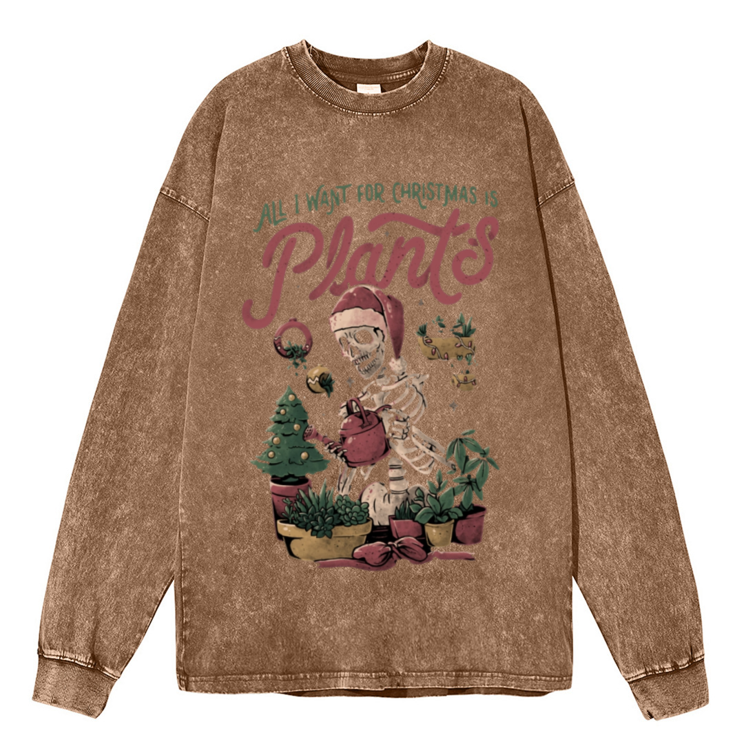 Muchic Christmas Plants Unisex Casual Washed Printed Round Neck Long Sleeve T-shirt