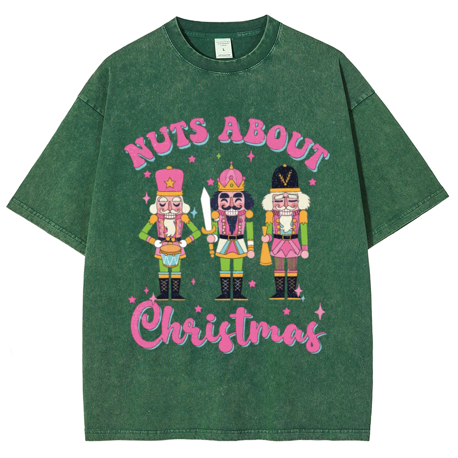 Muchic Nuts About Christmas Unisex Oversized Print Vintage Wash Denim T-Shirt