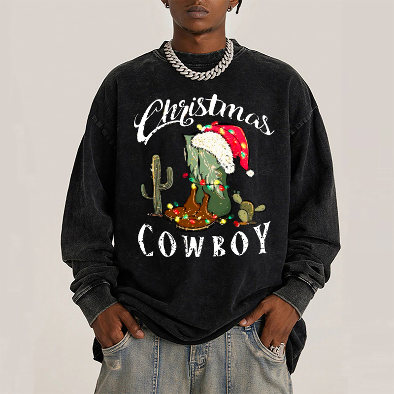 Muchic Christmas Cowboy Unisex Casual Washed Printed Round Neck Long Sleeve T-shirt