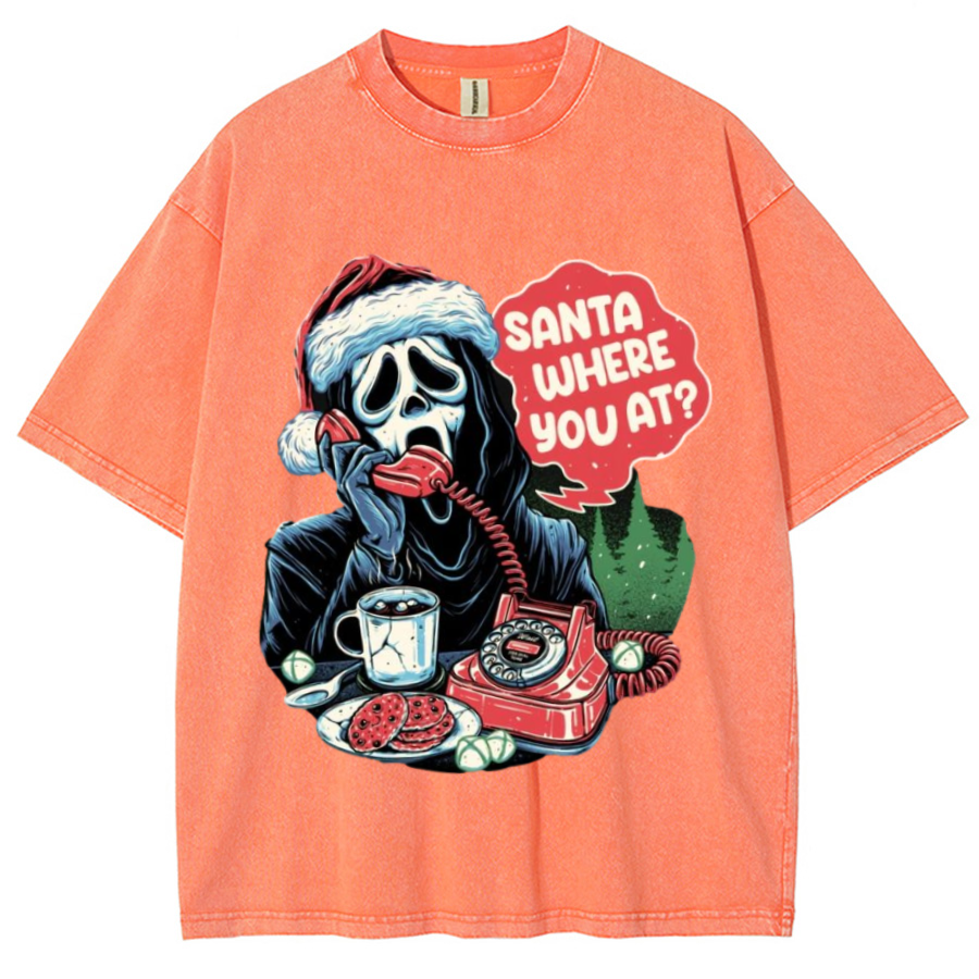 Muchic Santa Where You At Unisex Printed Retro Washed Short Sleeved T-Shirt