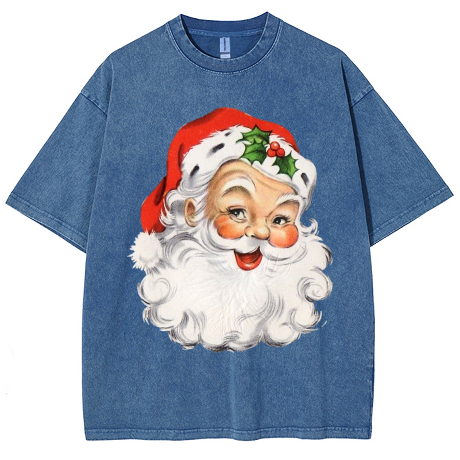 Muchic Santa Claus Unisex Printed Retro Washed Short Sleeved T-Shirt