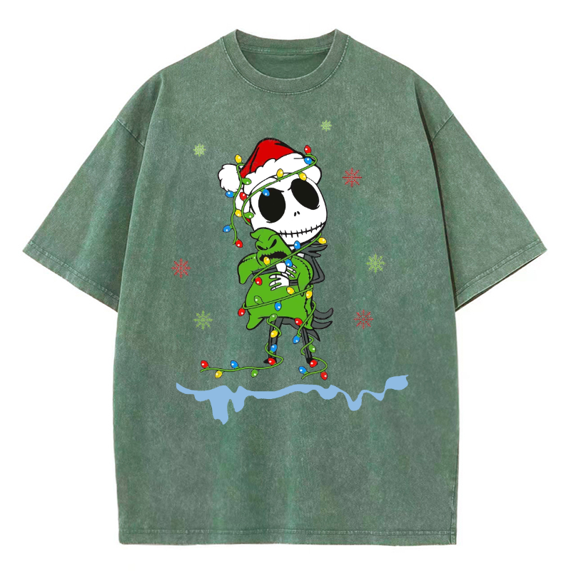 Muchic Unisex Christmas Nightmare Printed Retro Washed Short Sleeved T-Shirt