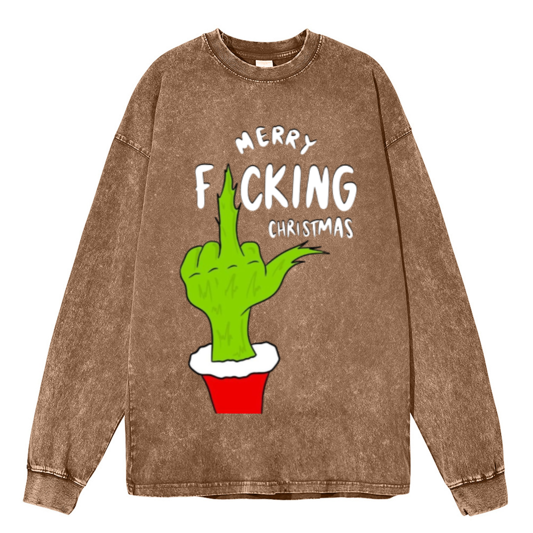 Muchic Merry Fucking Christmas Unisex Casual Washed Printed Round Neck Long Sleeve T-shirt