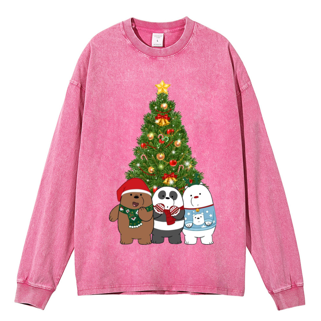 Muchic Bear Christmas Unisex Casual Washed Printed Round Neck Long Sleeve T-shirt