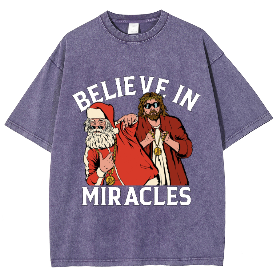 Muchic Believe In Miracles Unisex Oversized Print Vintage Wash Denim T-Shirt